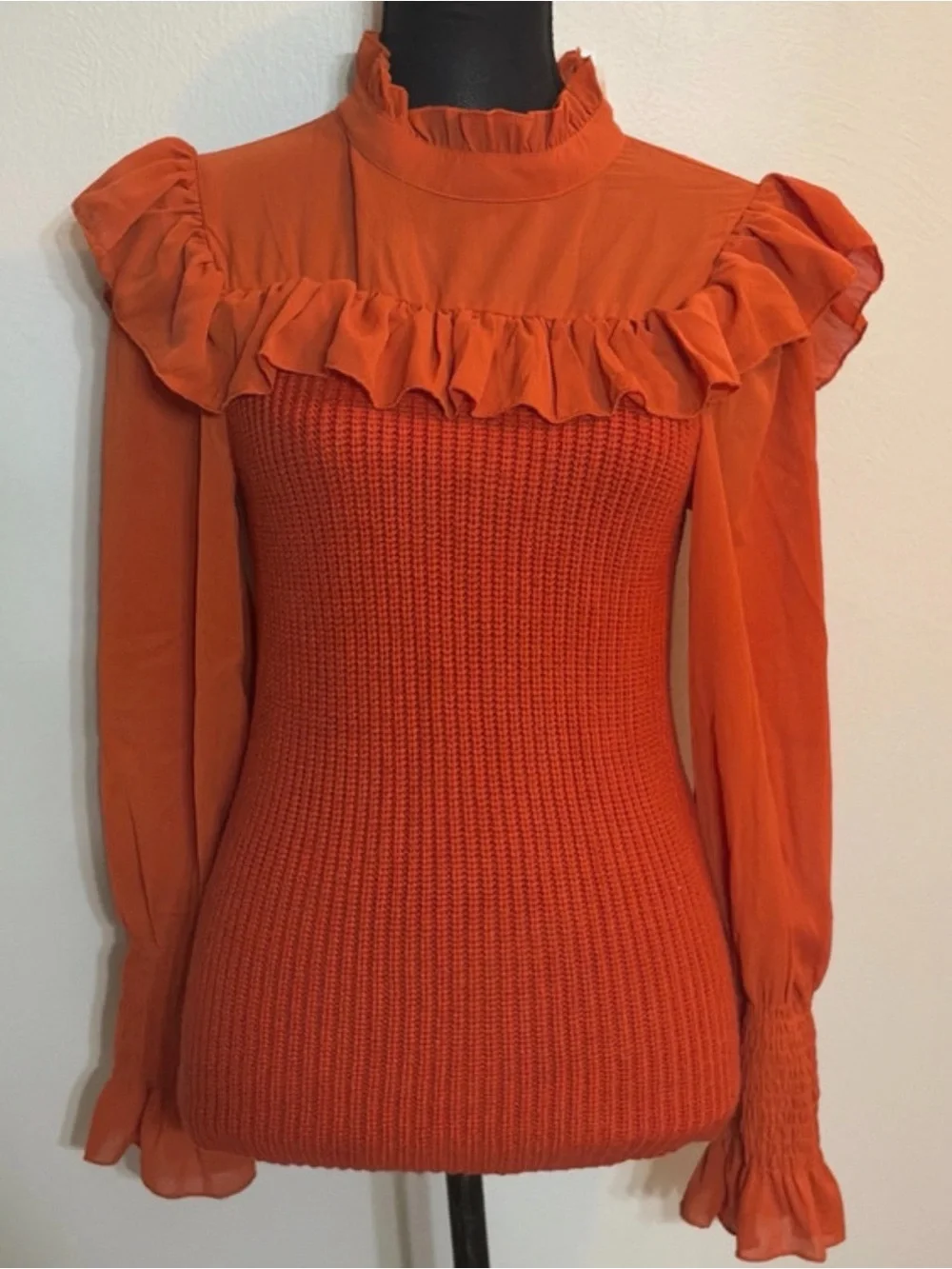 Ruffled Knit Turtleneck Sweater in Orange